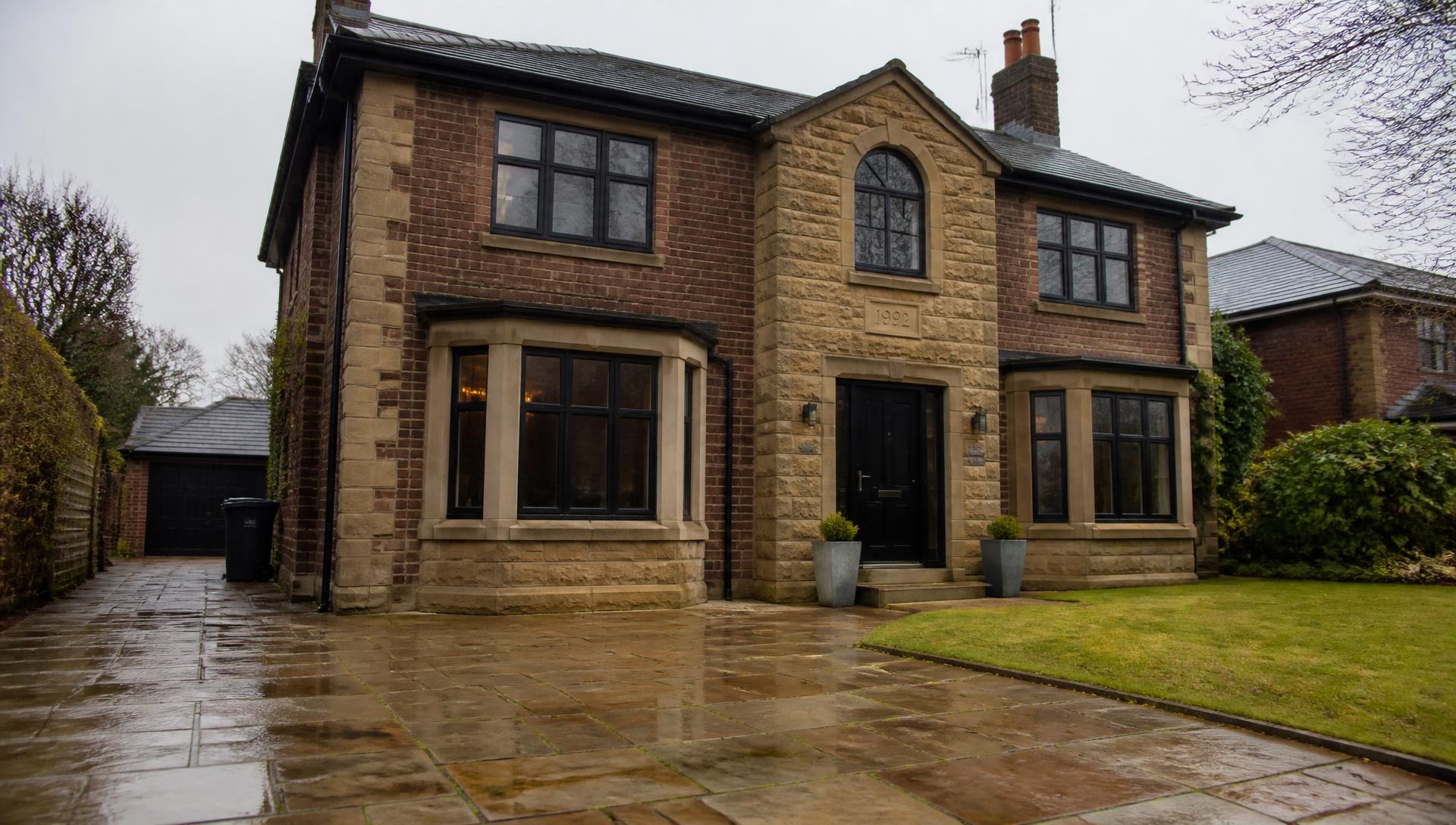 Restored stone paving at an elegant Lancashire home at dusk